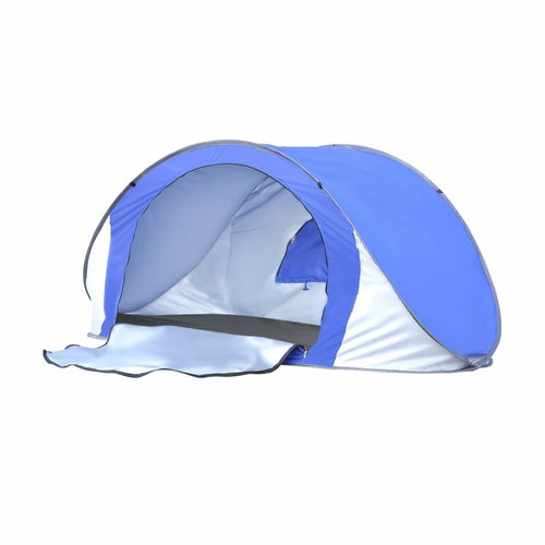 IMINIS instant beach tent folded flat inside its circular black carry bag.