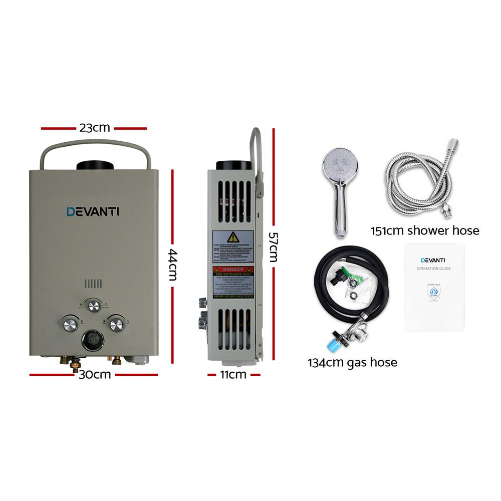 Devanti Portable Gas Water Heater 8L/Min LPG System Grey