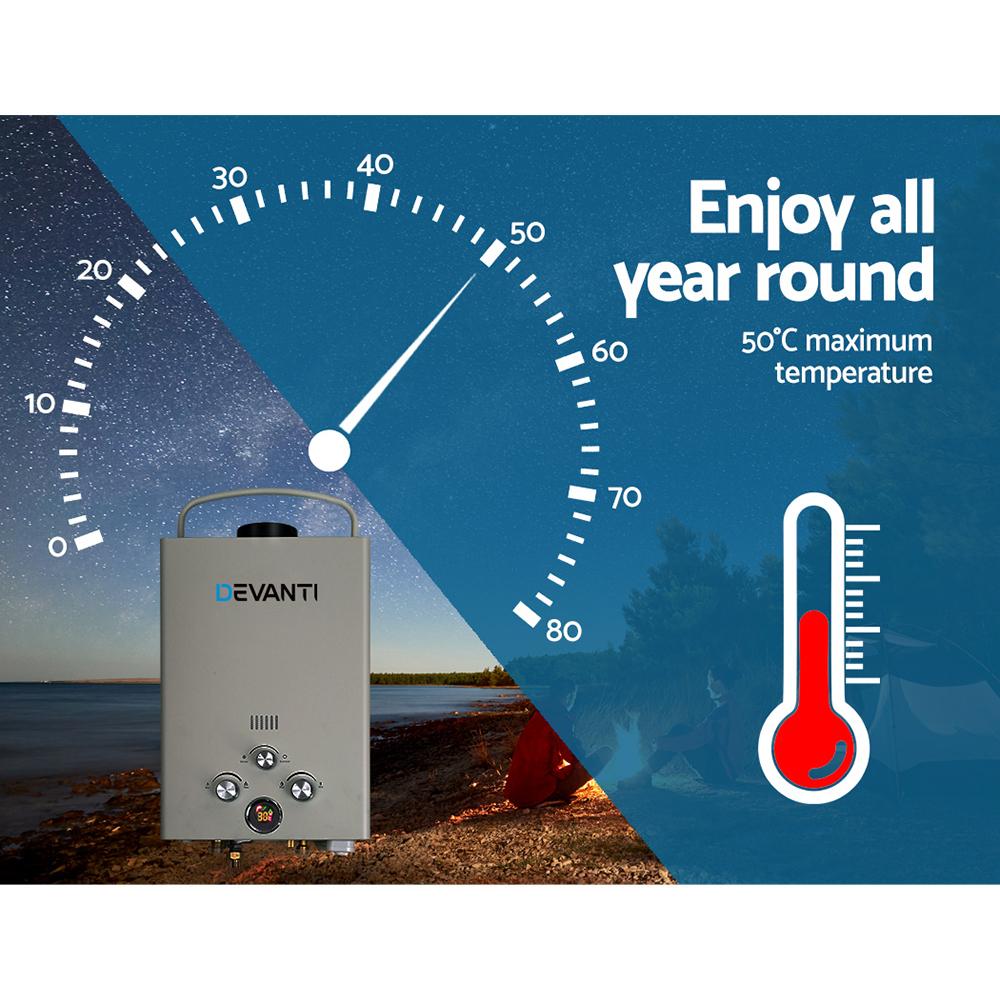 Devanti Portable Gas Water Heater 8L/Min LPG System Grey