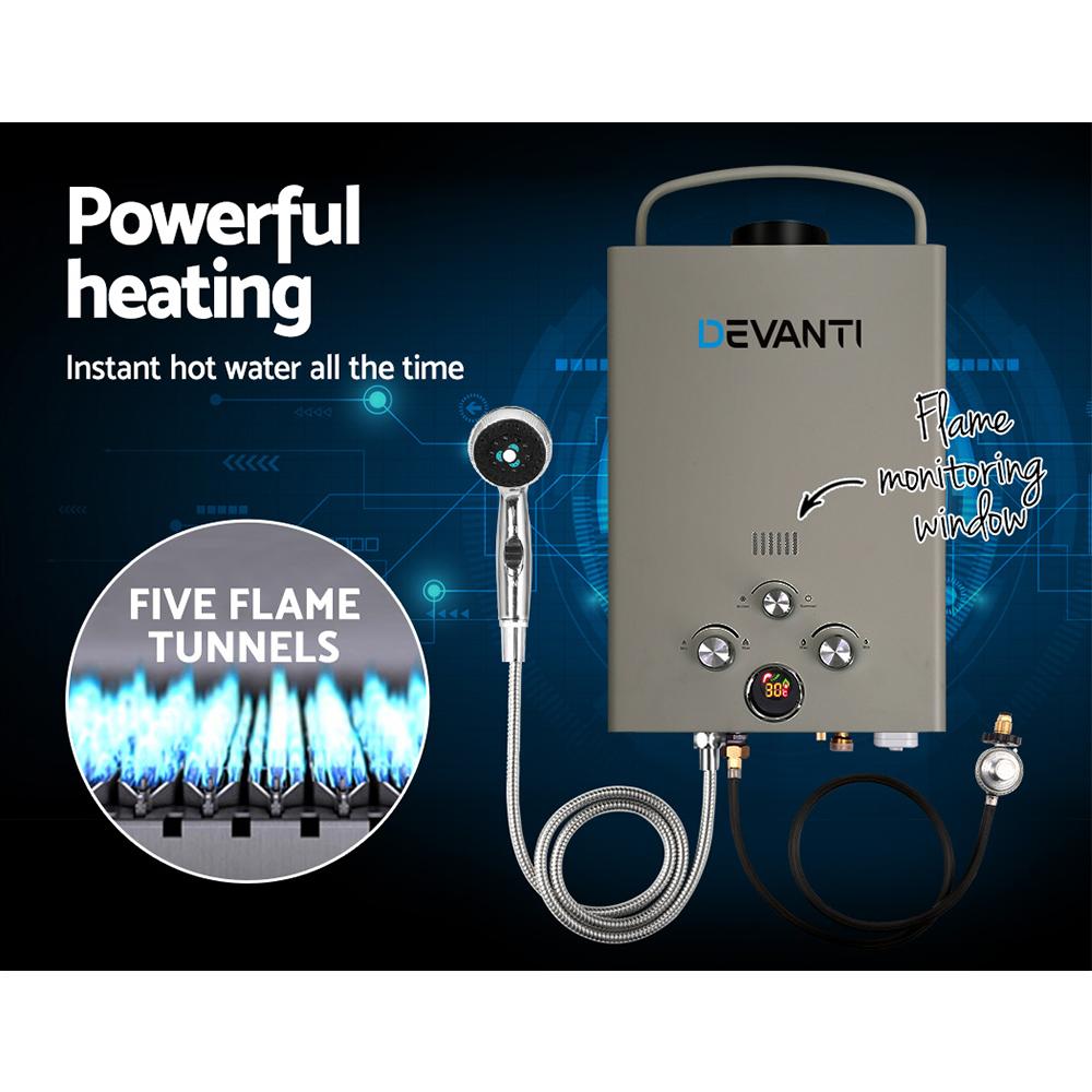 Devanti Portable Gas Water Heater 8L/Min LPG System Grey