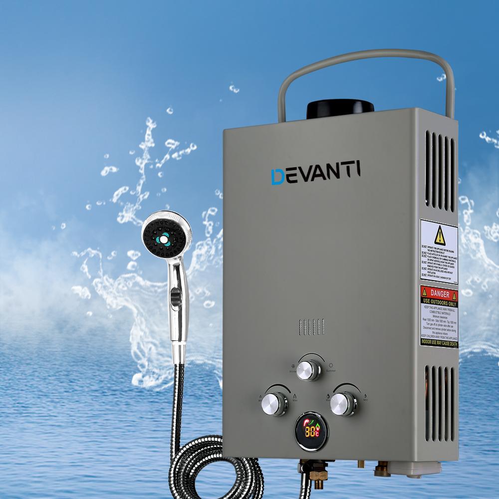 Devanti Portable Gas Water Heater 8L/Min LPG System Grey