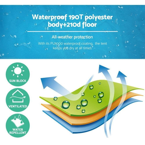 WIMINIS pop-up privacy tent in blue, set up outdoors for camping.