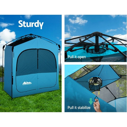 WIMINIS pop-up privacy tent in blue, set up outdoors for camping.